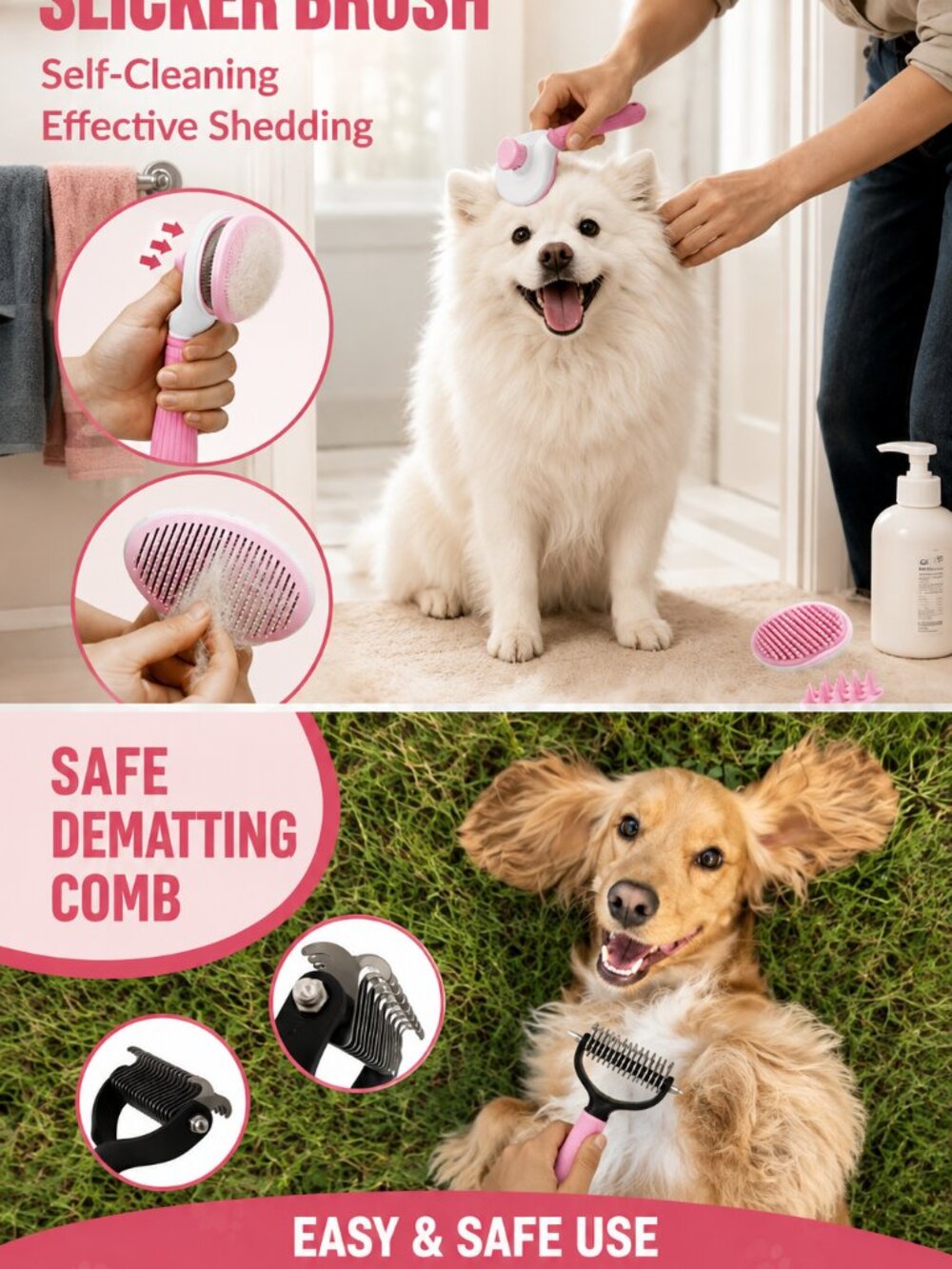 Dog Grooming Kit - Deshedding Brush for Short Hair, 5 In 1, A-Pink 5 Kits